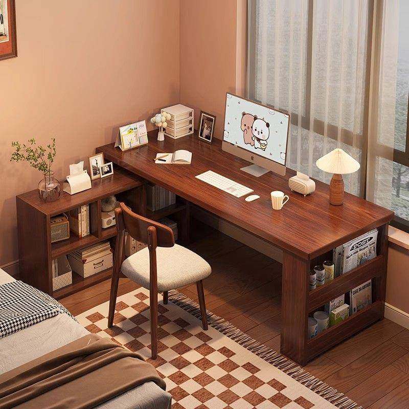 实木转角书桌家用学习桌子卧室女生梳妆台书柜一体l型拐角电脑桌
