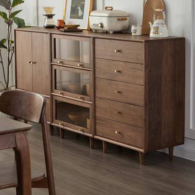 黑胡桃木实木五斗柜收纳柜日式客厅樱桃木玻璃翻门柜餐边柜组合