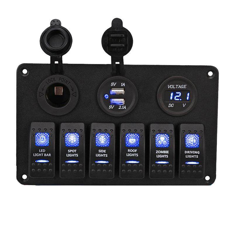 汽车游艇开关面板6位翘板开关带双USB电压表点烟器母座组合套装