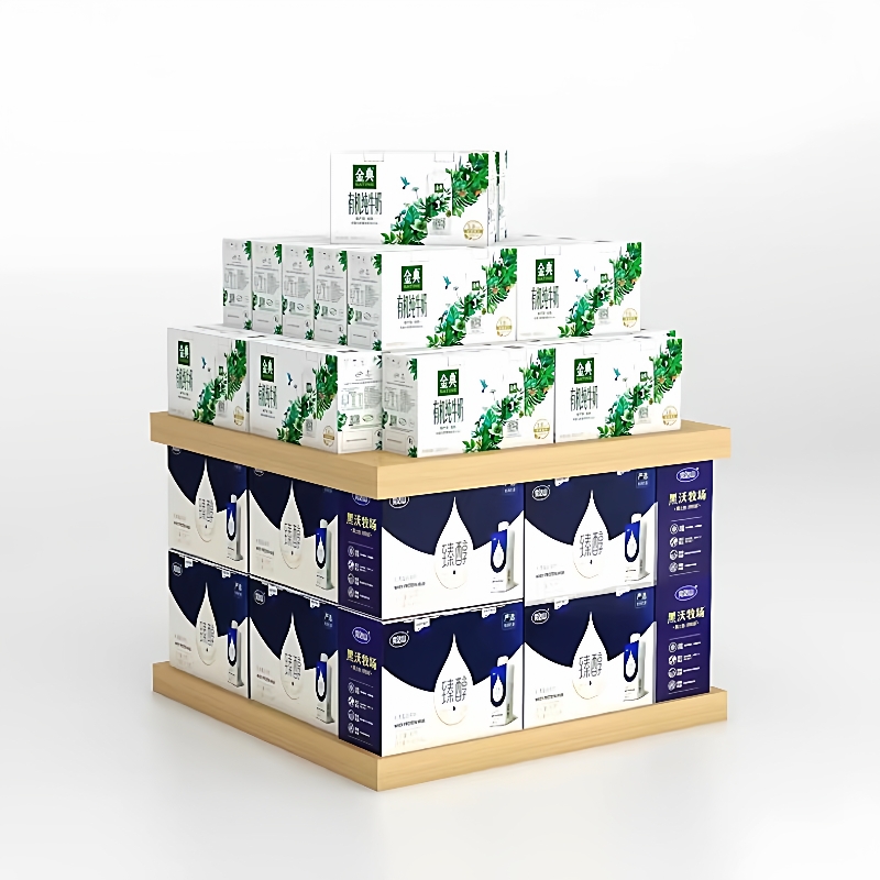 超市货架牛奶堆头展示架奶堆饮料促销台陈列架钢木货架置物架地堆