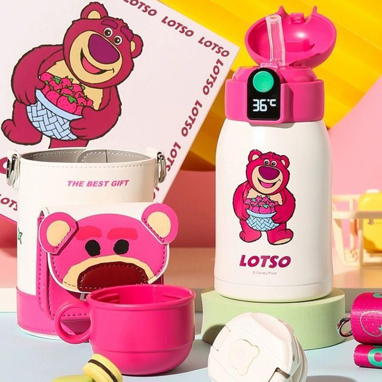 316不锈钢内胆儿童保温杯草莓熊智能温显带便携背带豌豆杯吸管杯