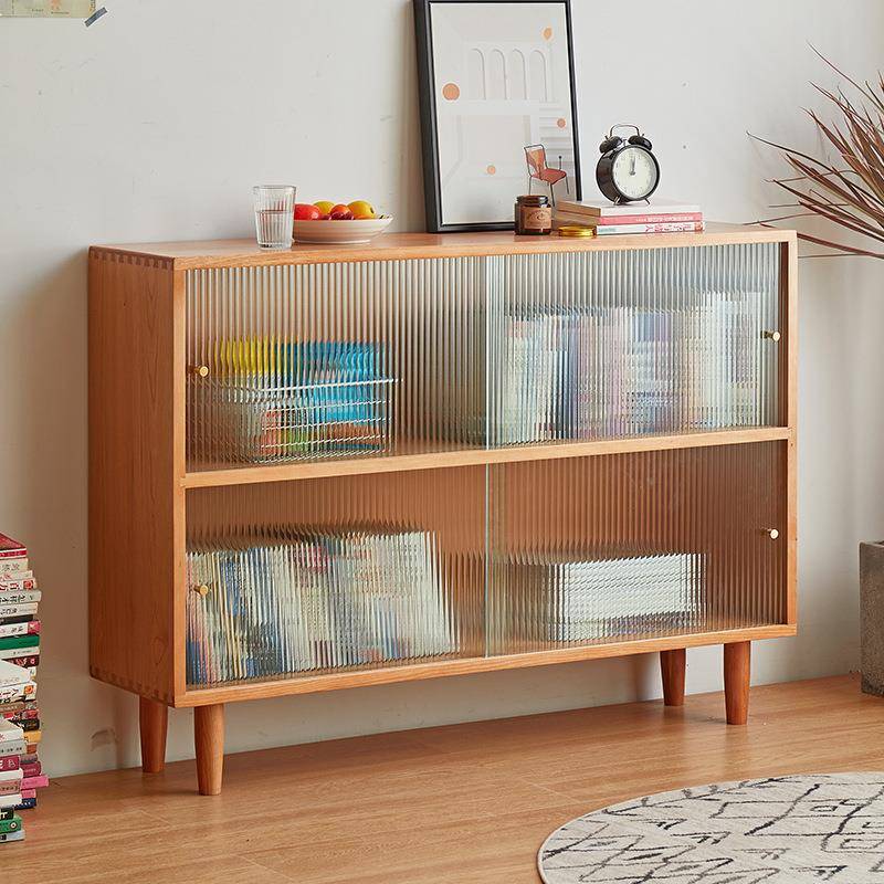北欧实木落地收纳柜日式樱桃玻璃门矮书架现代简约书房儿童小边柜