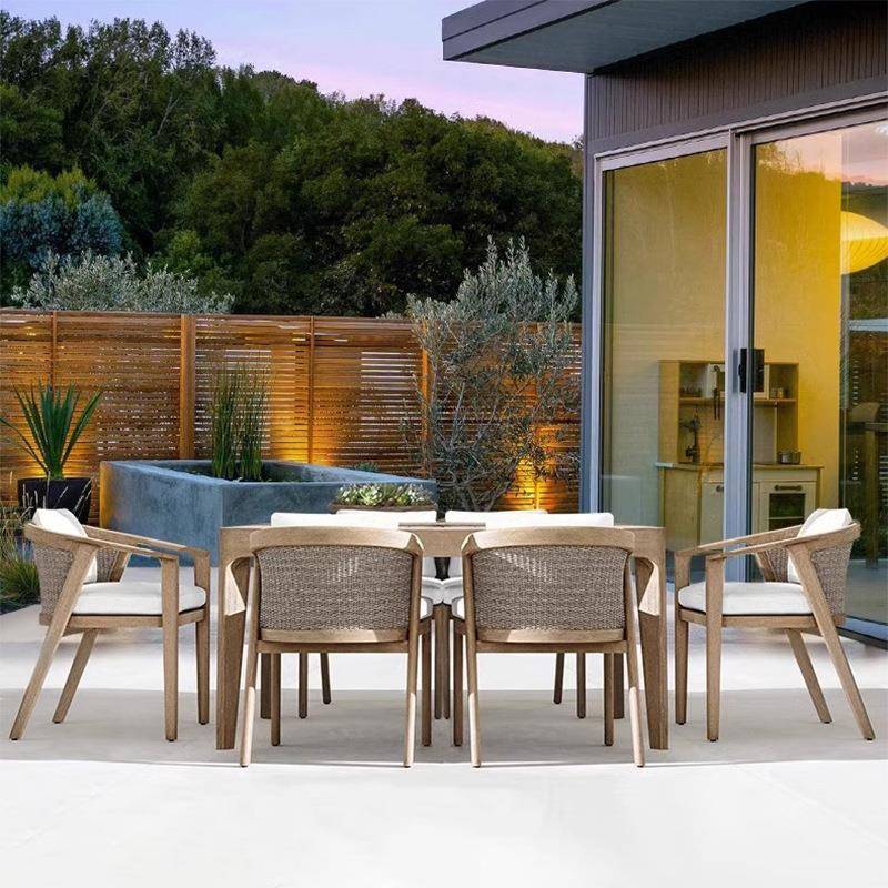 轻奢户外实木桌椅别墅休闲吧台吧椅组合室外庭院柚木餐桌椅藤编椅