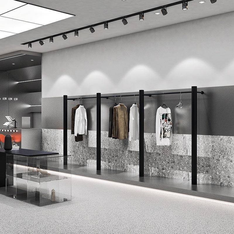 服装店展示架圆柱简约不锈钢黑色上墙挂衣架男女装店货架陈列架子