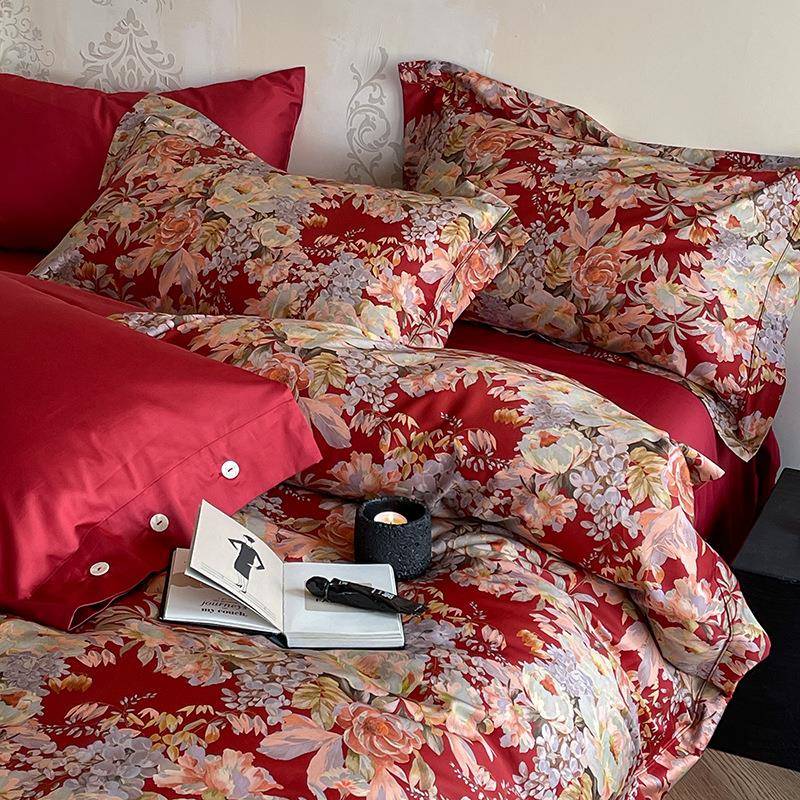 中式结婚全棉纯棉婚庆四件套100s支长绒棉被套床上用品红色床品