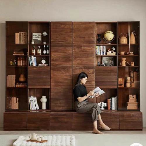 北欧全实木黑胡桃木客厅书柜储物柜一体整墙玻璃展示柜电视背景柜