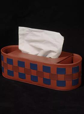 鸢尾蓝金棕BV人工编织棋盘格皮质轻奢客厅纸巾盒餐桌抽纸盒