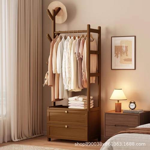 挂衣架落地卧室家用带储物柜收纳床边晚上放衣服实木多功能衣帽架