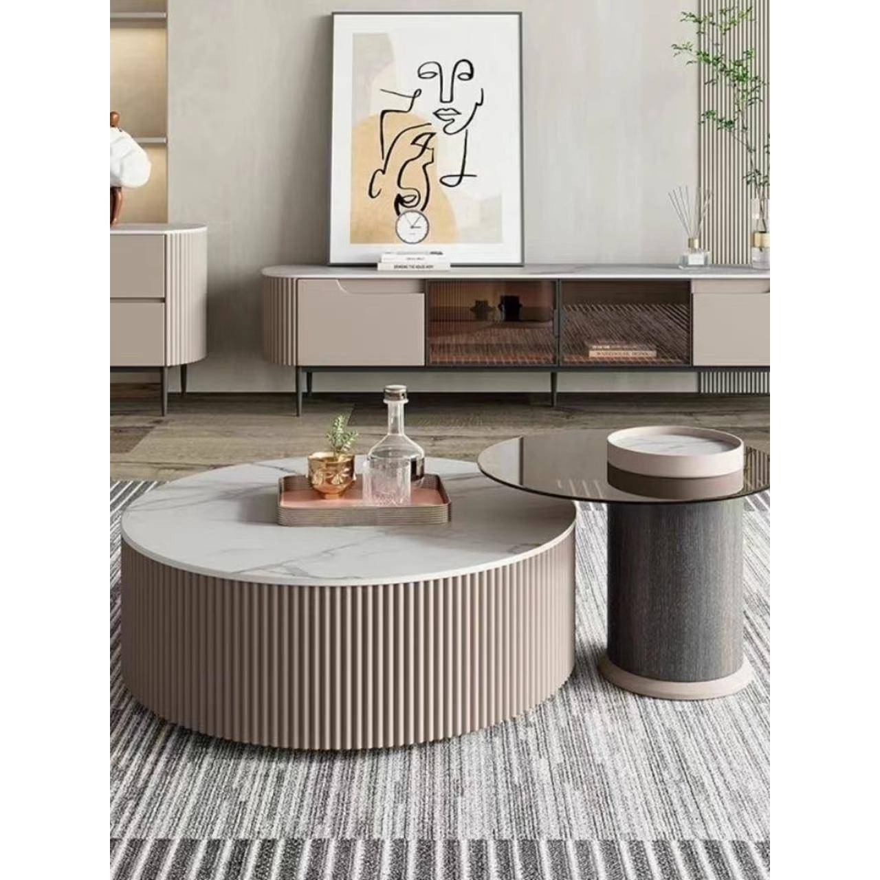 2023新款轻奢岩板茶几组合现代简约茶几桌客厅家用网红圆形小户型