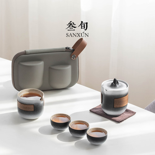 叁旬高档远山旅行功夫茶具套装户外车载式一壶三杯陶瓷快客杯