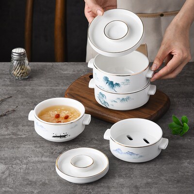 餐厅意境菜双层点心蒸盅位上陶瓷汤羹碗中式早餐汤盅鸡蛋羹小炖盅