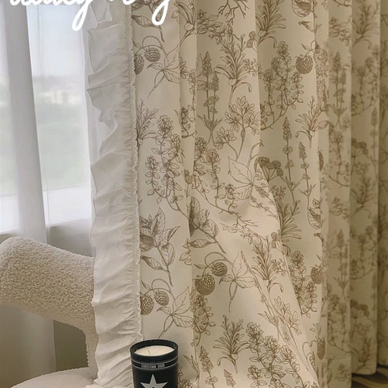 中古全遮光窗帘盖轻法式复古风松果印花奶油雪尼尔南洋风布帘柯桥