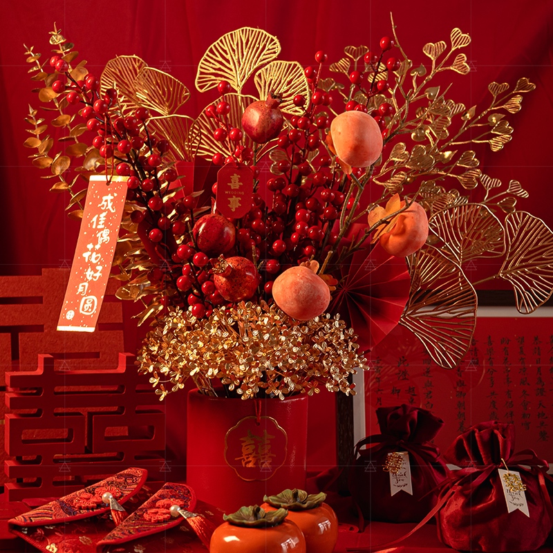 婚嫁装饰福桶结婚订婚创意装饰客厅摆件仿真花婚房布置用品大全