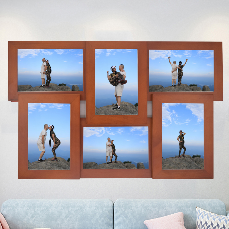 现简约咖啡白色组合一体实木情侣挂墙六宫格连体婚纱照儿童相框