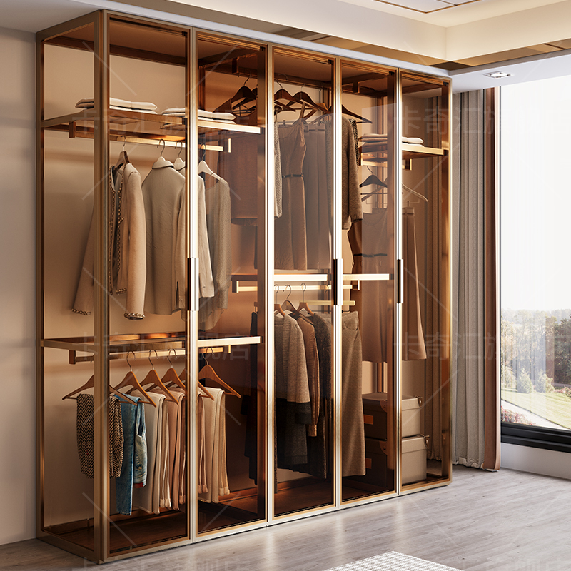 全屋定制轻奢玻璃门衣柜2024新款铝合金属卧室衣帽间家用主卧衣橱