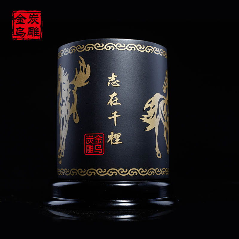 金乌炭雕 锦绣前程摆件笔筒商务礼品创意书桌装饰品
