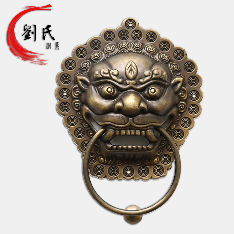 新中式纯黄铜兽头拉手别墅大木门环手把橱柜明装小号仿古虎麒麟头