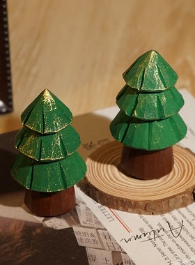 【放青松】金光雪松树手工木雕小摆件桌面创意装饰氛围道具礼物
