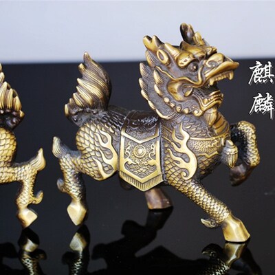 复古铜麒麟摆件黄铜家居客厅玄关办公纯摆设一对桌铜动物怀旧室面