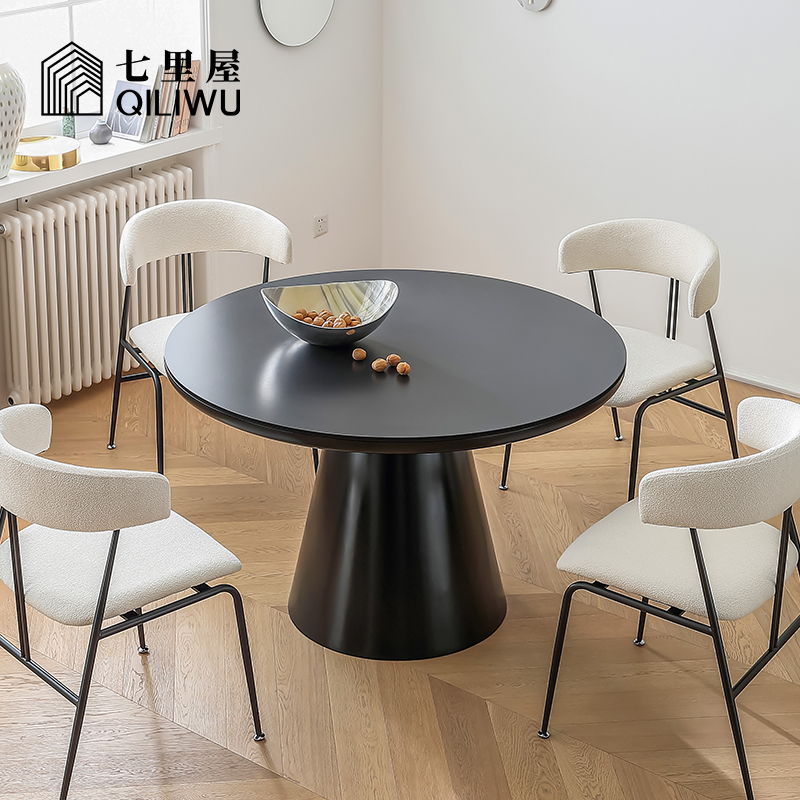 七里屋/法式复古风岩板圆形餐桌家用现代简约轻奢中古黑色圆餐桌