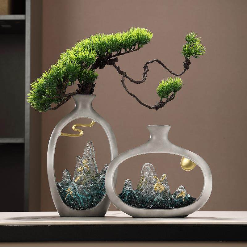 高级感假山花瓶摆件客厅玄关博古架办公室桌中古风装饰工艺品乔迁