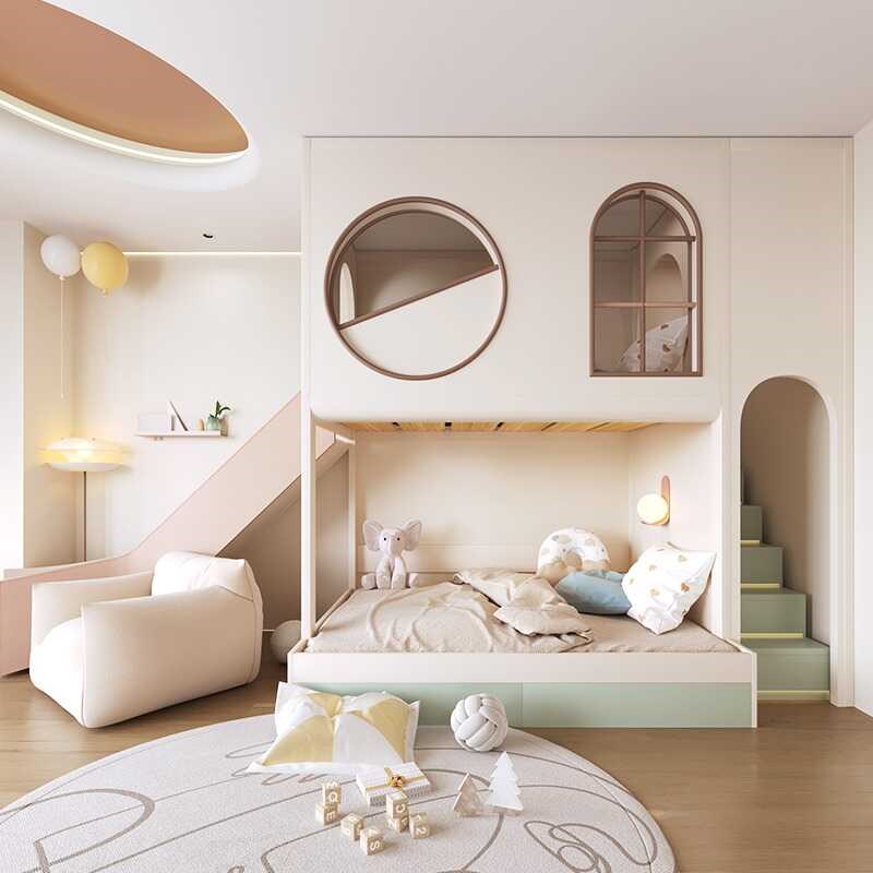网红儿童区房间布置定制互不干扰上下滑梯床高低床太空舱树屋床