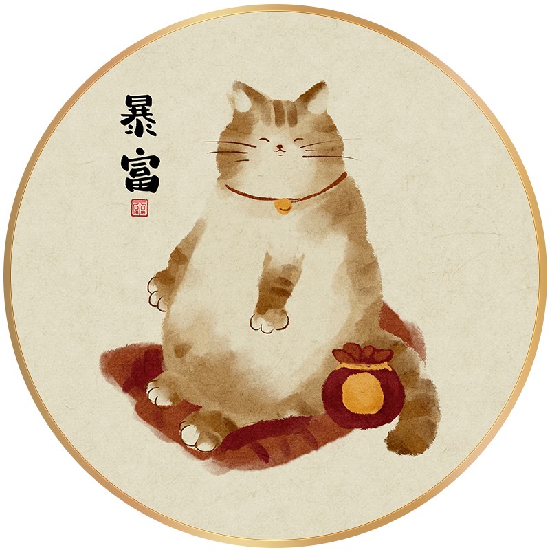 新中式餐厅装饰画LED灯画日式风格圆形客厅挂画萌猫猫咪玄关壁画图片