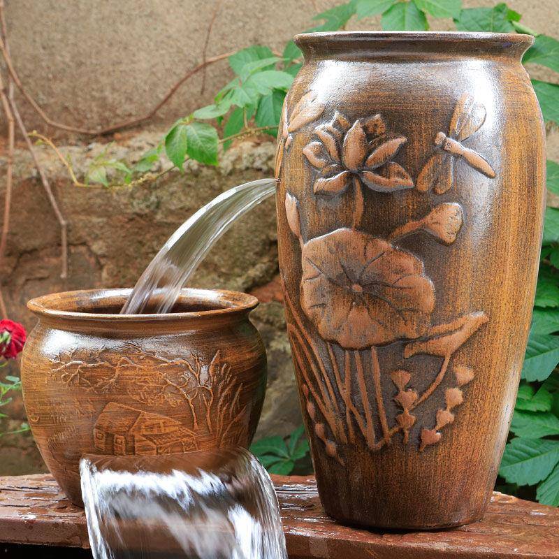 【折扣价】全套养鱼造景鱼池陶瓷古法鱼缸摆件陶罐循环水瀑布生态