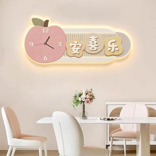 平安喜乐钟表挂画奶油风客厅餐厅家用时钟装饰画网红创意挂钟壁灯