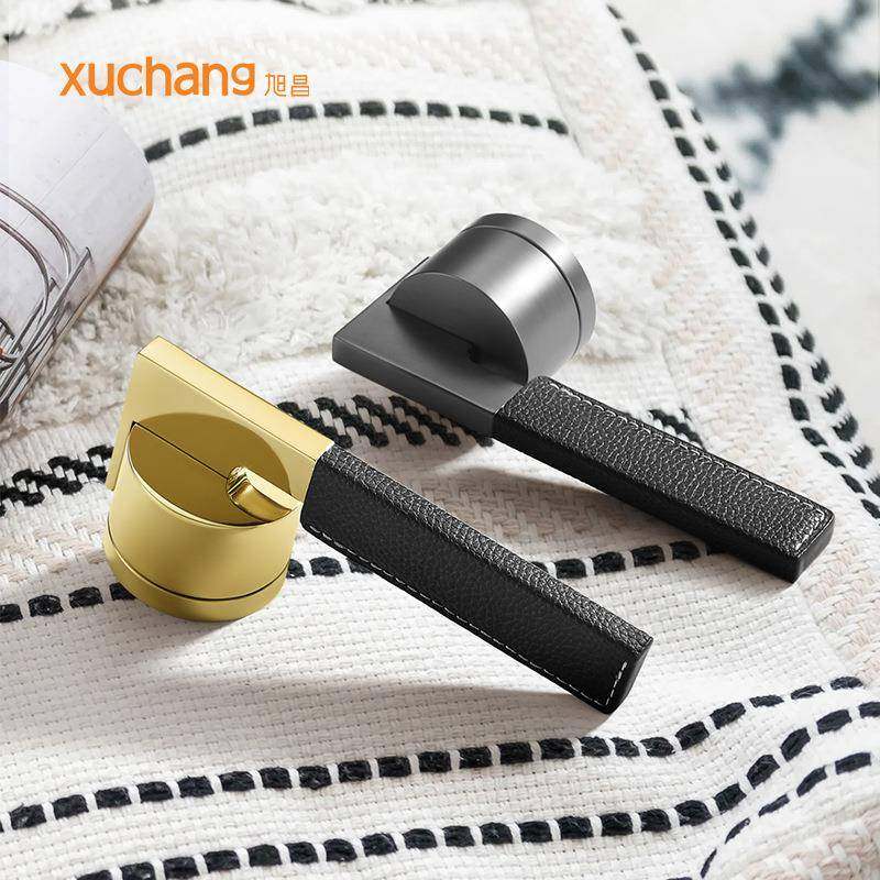 黑皮门锁室内极简卧室静音门锁家用现代实木皮革门把手分体房间锁