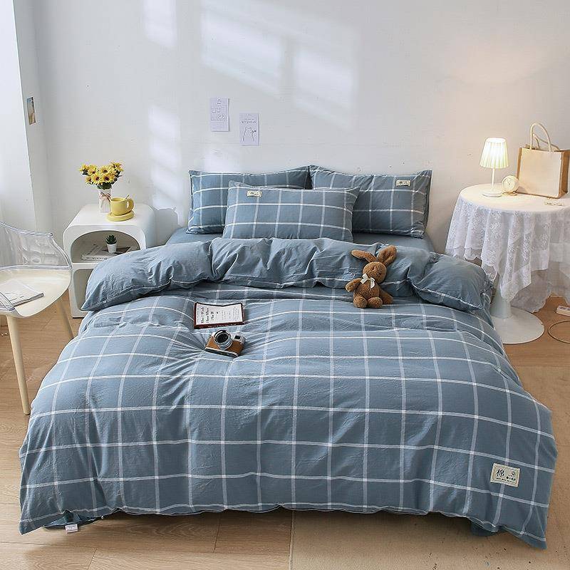 日系纯棉水洗棉四件套床上用品全棉格子床单被套宿舍床笠三件套件