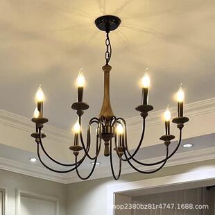 华诗源复古木艺蜡烛吊灯别墅法式中古餐厅客厅灯具胡桃木色复古风