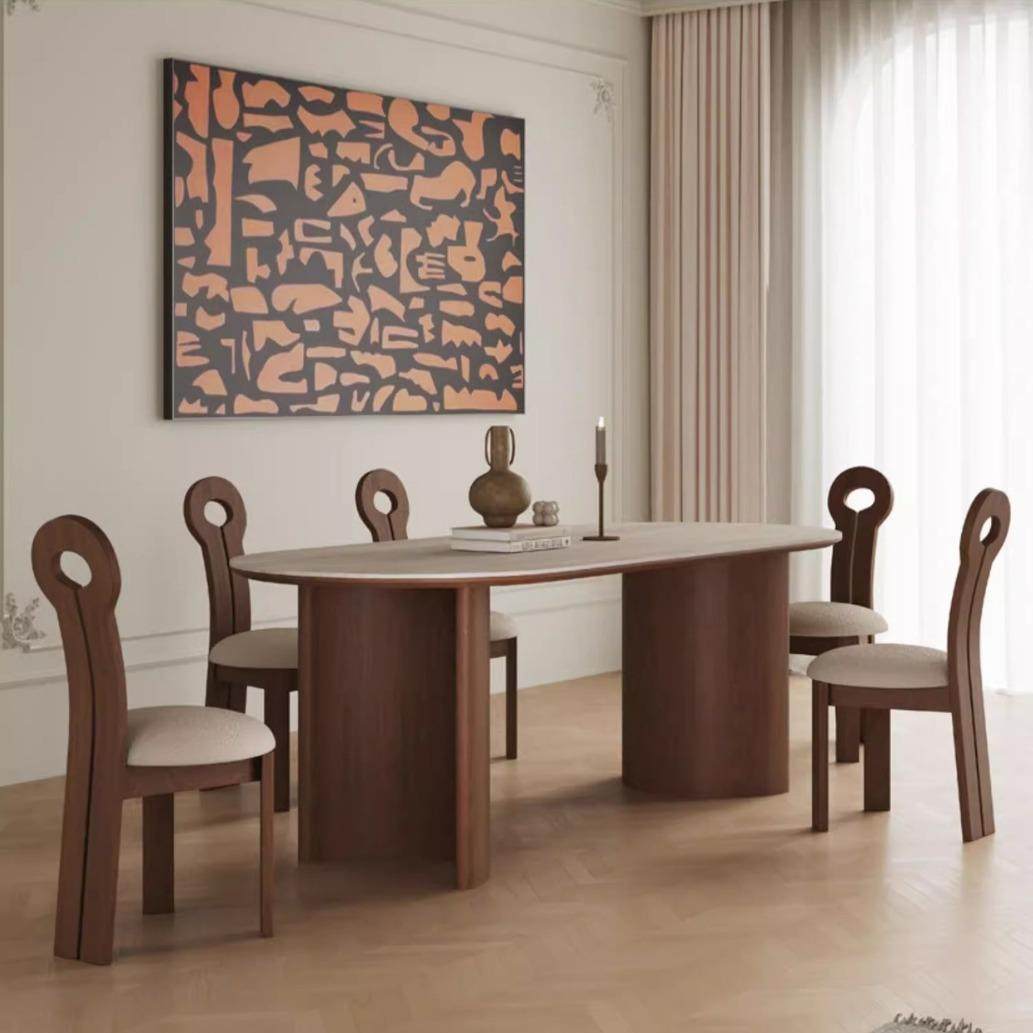 法式中古复古风洞石岩板餐桌家用实木饭桌椭圆形黑胡桃木餐桌