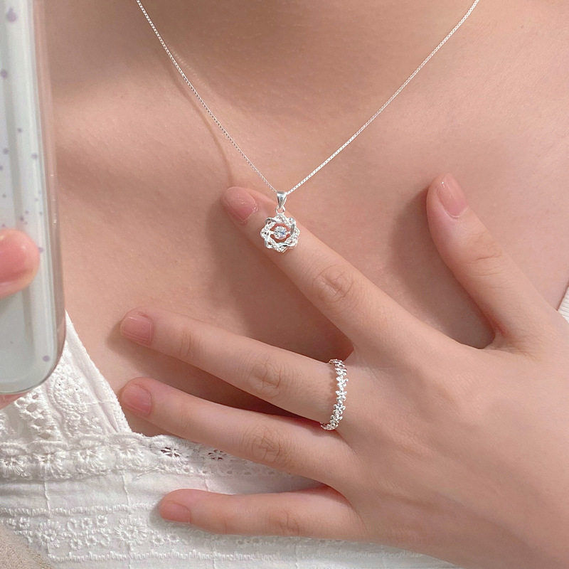 S999足银繁花似麻花锦锆石项链简约甜美气质女生百搭锁骨链