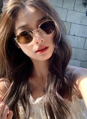 欧美辣妹lisa同款金属猫眼墨镜复古辣妹高级感茶色椭圆防晒太阳镜