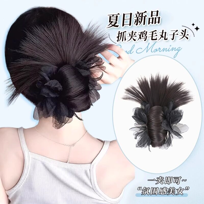 鸡毛丸子头假发女黑色花朵