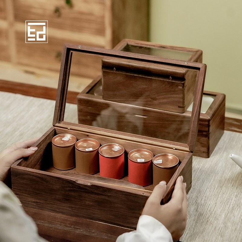 黑胡桃实木玻璃盖桌面收纳盒茶叶罐茶道储物盒文玩首饰盒