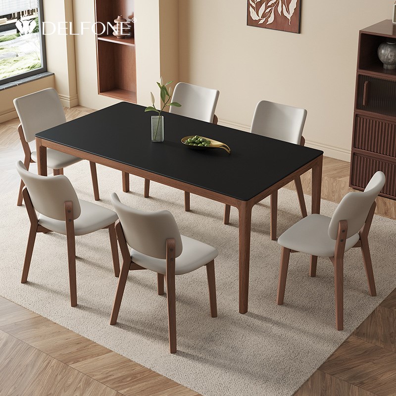 德利丰实板餐桌客厅家用小户型长方形复古风黑胡桃木色吃饭桌
