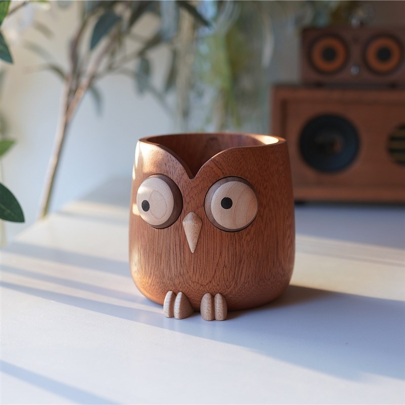 Joe的小作坊猫头鹰创意木质笔筒桌面收纳桶可爱呆萌新年礼物