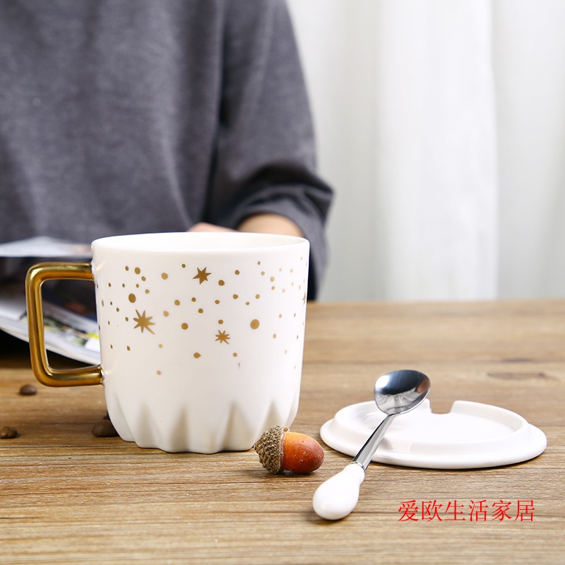 新款ns陶瓷子带盖勺 简约情侣咖啡早餐杯定制O
