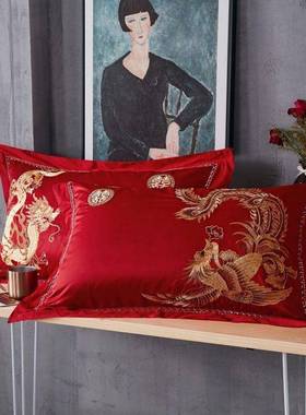 【折扣价】结婚枕套纯棉4874cm大红色龙凤枕套全棉婚庆单人枕头套