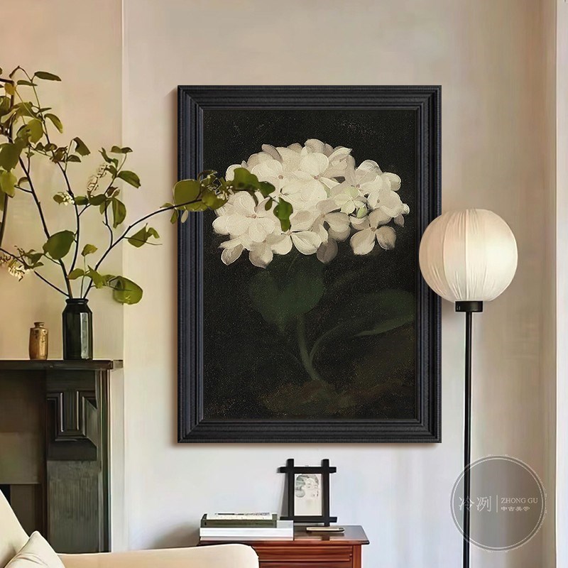 美式复古植物花卉黑白绣球花客厅餐厅装饰挂画玄关中古风手绘油画图片