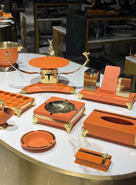 橙色V摆台用品全套轻奢高端夜总会V果盘纸巾盒烟灰缸话筒架