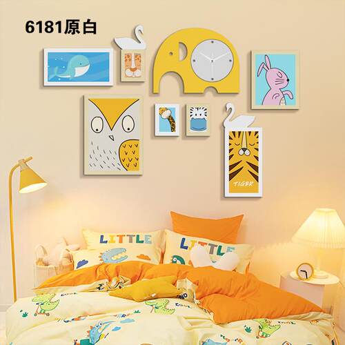 实木_6181_卡通实木照片墙儿童组合相框装饰画大象真钟表可换相片