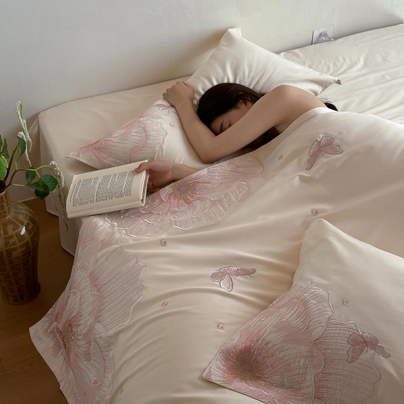 桃之夭夭80支全棉刺绣四件套纯棉床笠宽边绣花被套长绒棉床上用品