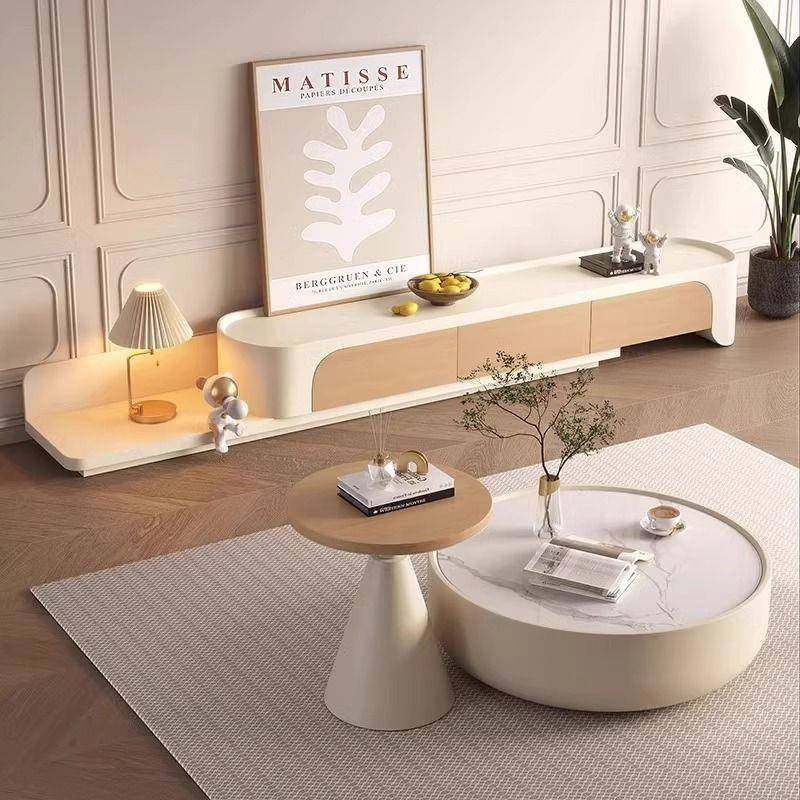 奶油风实木岩板茶几客厅家用原木色拉伸电视柜组合大小户型落地柜