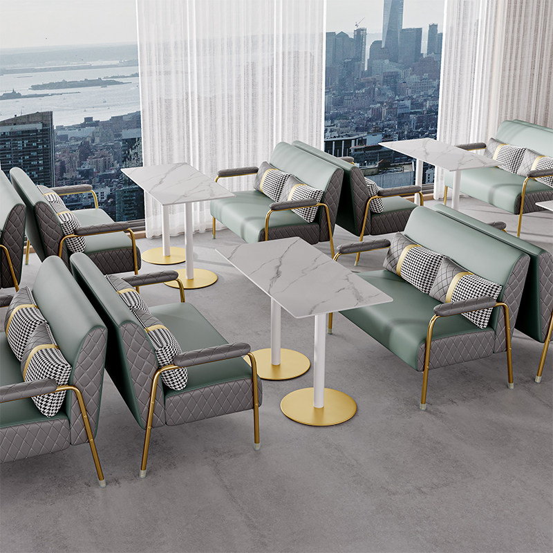 网红咖啡厅岩待桌椅清吧阳闲休台洽谈接板椅轻奢卡座奶茶店皮沙发