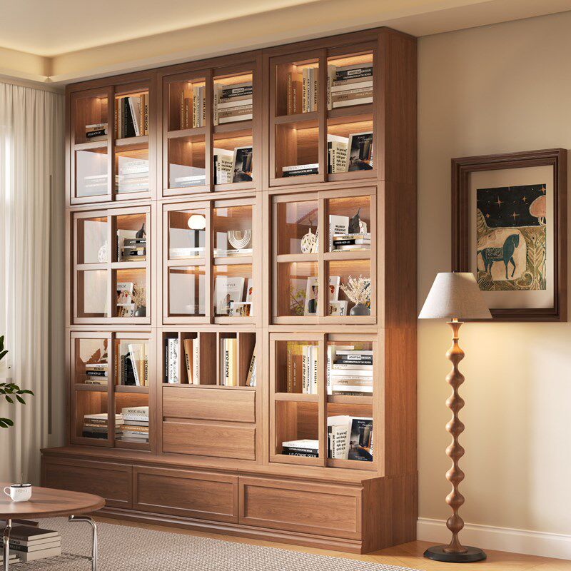 中古风柜木书实大架量储物书客带卡座一体整墙客厅带玻璃门展示柜