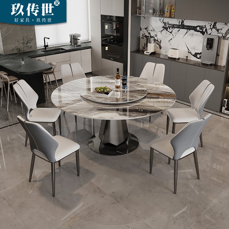 奢石岩板餐桌现简约轻奢高端圆形圆桌家用长方形饭桌子