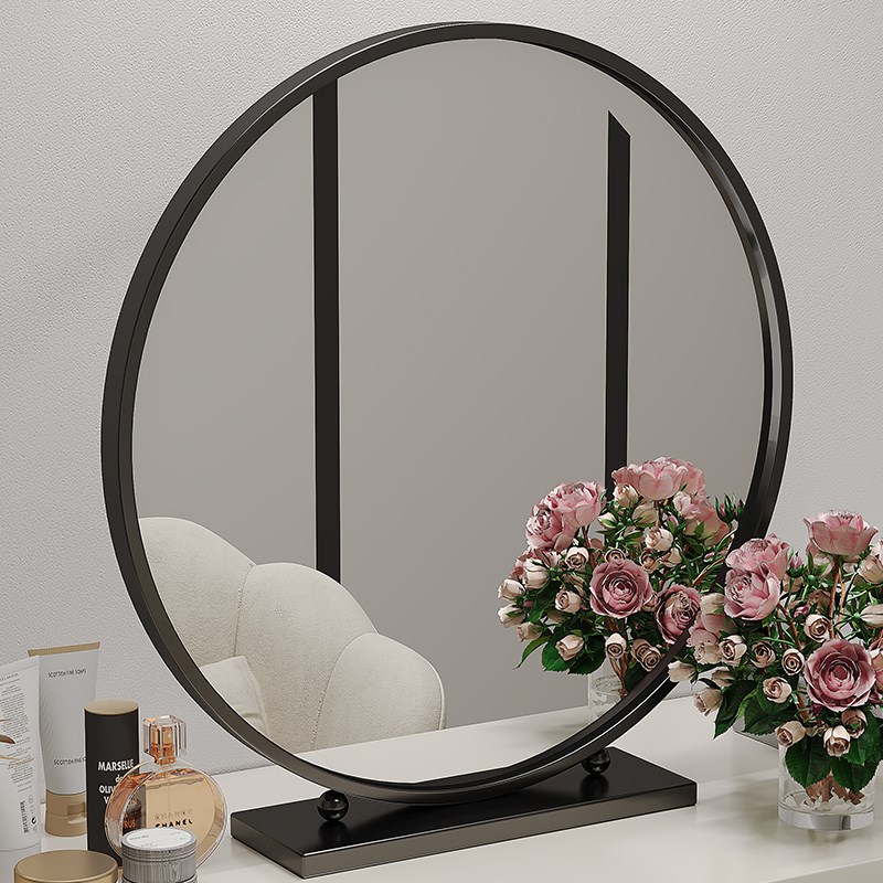 简约台式镜圆形桌面梳妆镜卧室学生宿舍铁艺大镜子梳妆台镜子